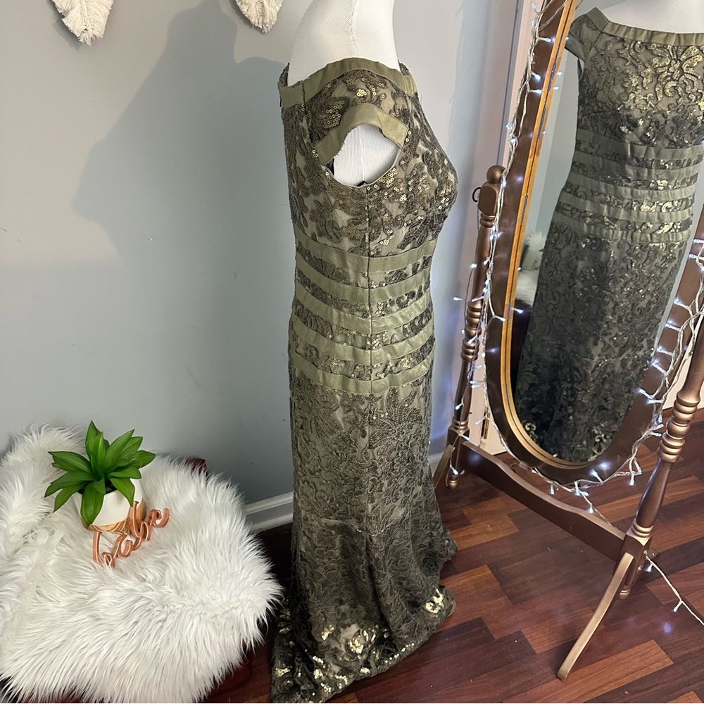 Tadashi Shoji Lace Sequin Gown in Gold and Olive - Picture 8 of 12